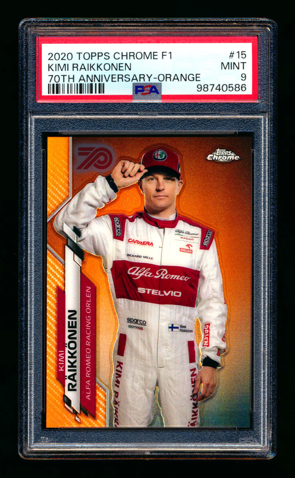 2020 Topps Chrome F1 #15 Kimi Raikkonen RC 70th Anniversary Orange Refractor Portrait PSA 9