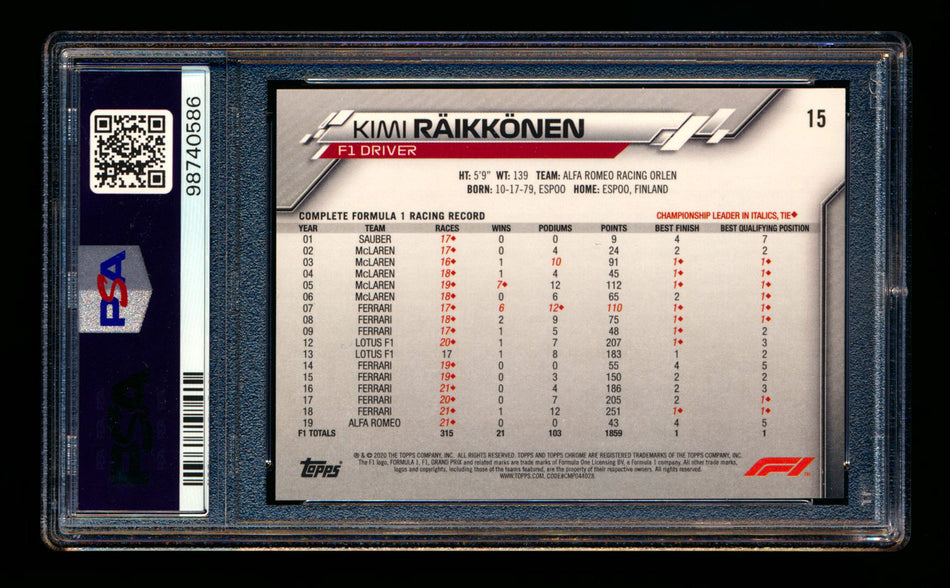 2020 Topps Chrome F1 #15 Kimi Raikkonen RC 70th Anniversary Orange Refractor Portrait PSA 9