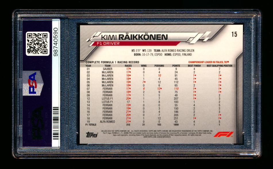 2020 Topps Chrome F1 #15 Kimi Raikkonen RC 70th Anniversary Gold Refractor Portrait PSA 8