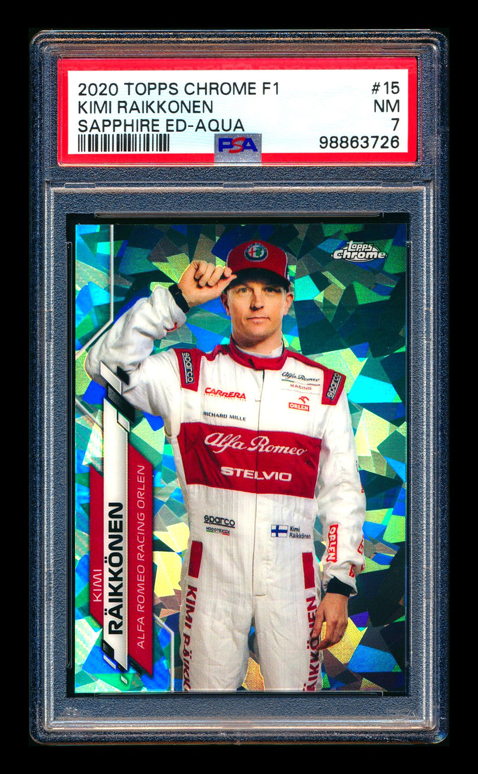 2020 Topps Chrome Sapphire F1 #15 Kimi Raikkonen RC Aqua Refractor Portrait #35/99 PSA 7 ** (SOLD - $130.00 - 8/29/2026) **