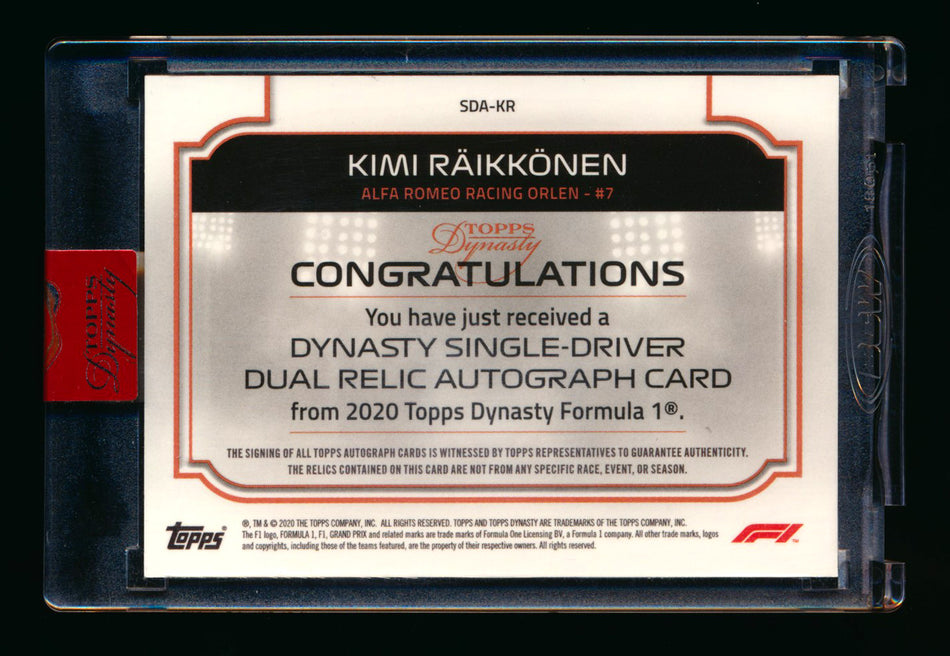 2020 Topps Dynasty F1 #SDA-KR Kimi Raikkonen RC ROOKIE Gold Dual Patch Autograph #1/1 ** (SOLD - $12,000.00 - 2/16/2026) **