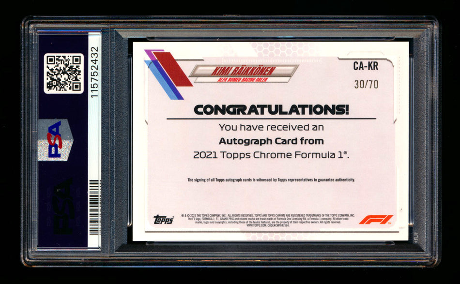 2021 Topps Chrome F1 #CA-KR Kimi Raikkonen Refractor Autograph #30/70 PSA 7