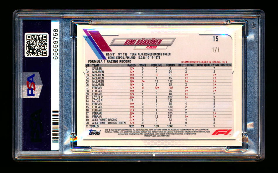 2021 Topps Chrome F1 #15 Kimi Raikkonen Superfractor Portrait #1/1 PSA 10 - POP 1!