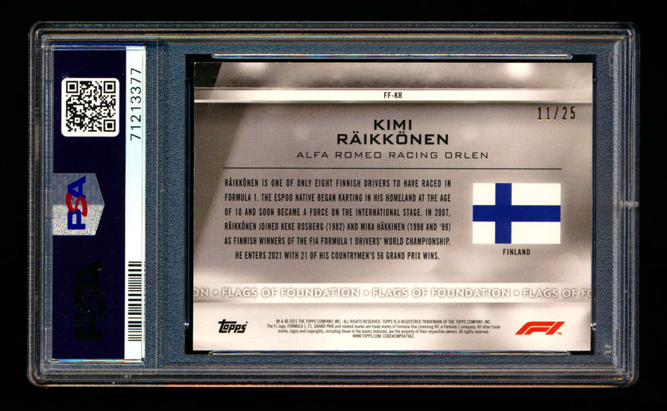 2021 Topps F1 Flags of Foundation #FF-KR Kimi Raikkonen Orange Parallel #11/25 PSA 9 ** (SOLD - $149.00 - 10/28/2024) **