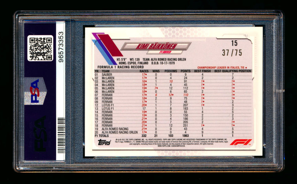 2021 Topps Chrome Sapphire F1 #15 Kimi Raikkonen Green Refractor Image Variation SP #37/75 PSA 10 ** (SOLD eBay - $79.00 - 1/31/2025) **