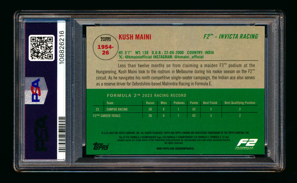 2024 Topps Chrome Sapphire F1 #1954-26 Kush Maini RC Padparadscha Refractor #1/1 PSA 9 - POP 1! ** (SOLD Nationals - $300.00 - 8/3/2025) **