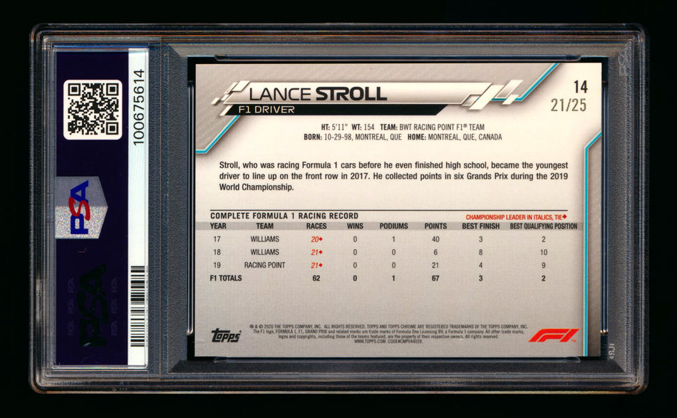 2020 Topps Chrome F1 #14 Lance Stroll RC Orange Refractor Portrait #21/25 PSA 8