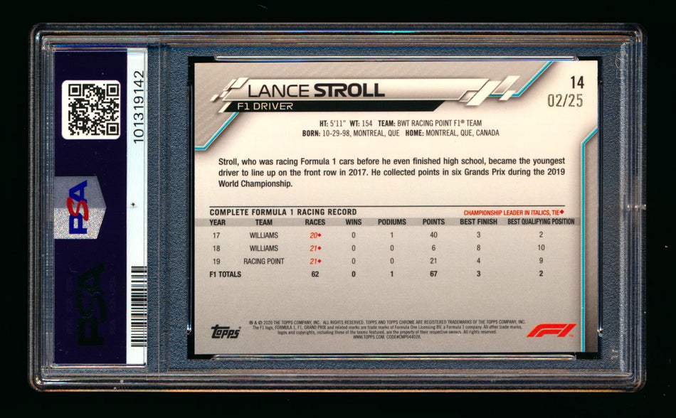 2020 Topps Chrome F1 #14 Lance Stroll RC Orange Refractor Portrait #02/25 PSA 9