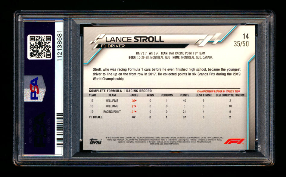 2020 Topps Chrome F1 #14 Lance Stroll RC Gold Refractor Portrait #35/50 PSA 9