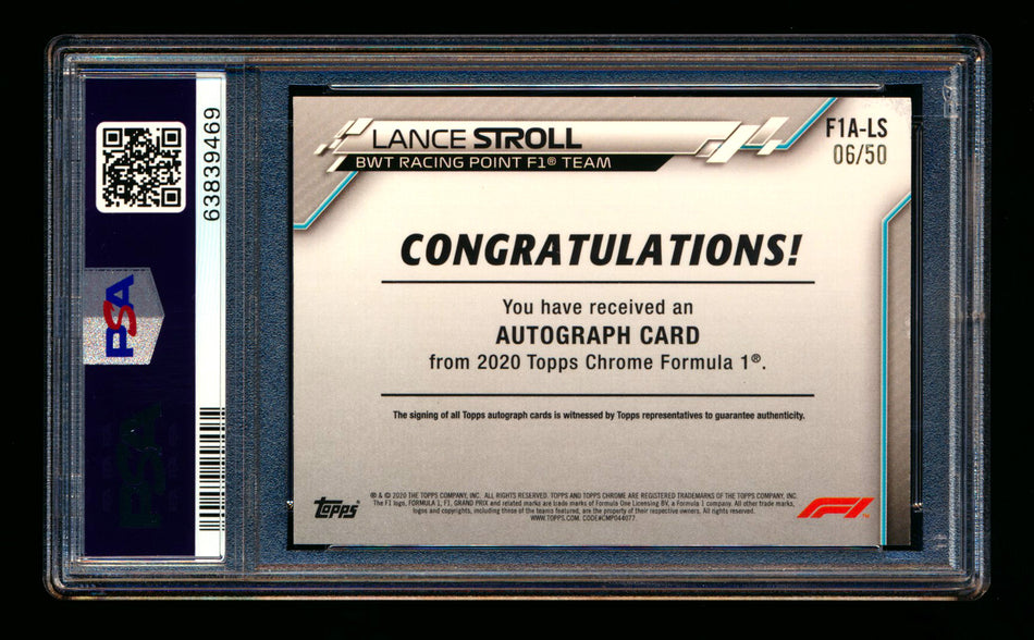 2020 Topps Chrome F1 #F1A-LS Lance Stroll RC Gold Wave Refractor Autograph #06/50 PSA 9