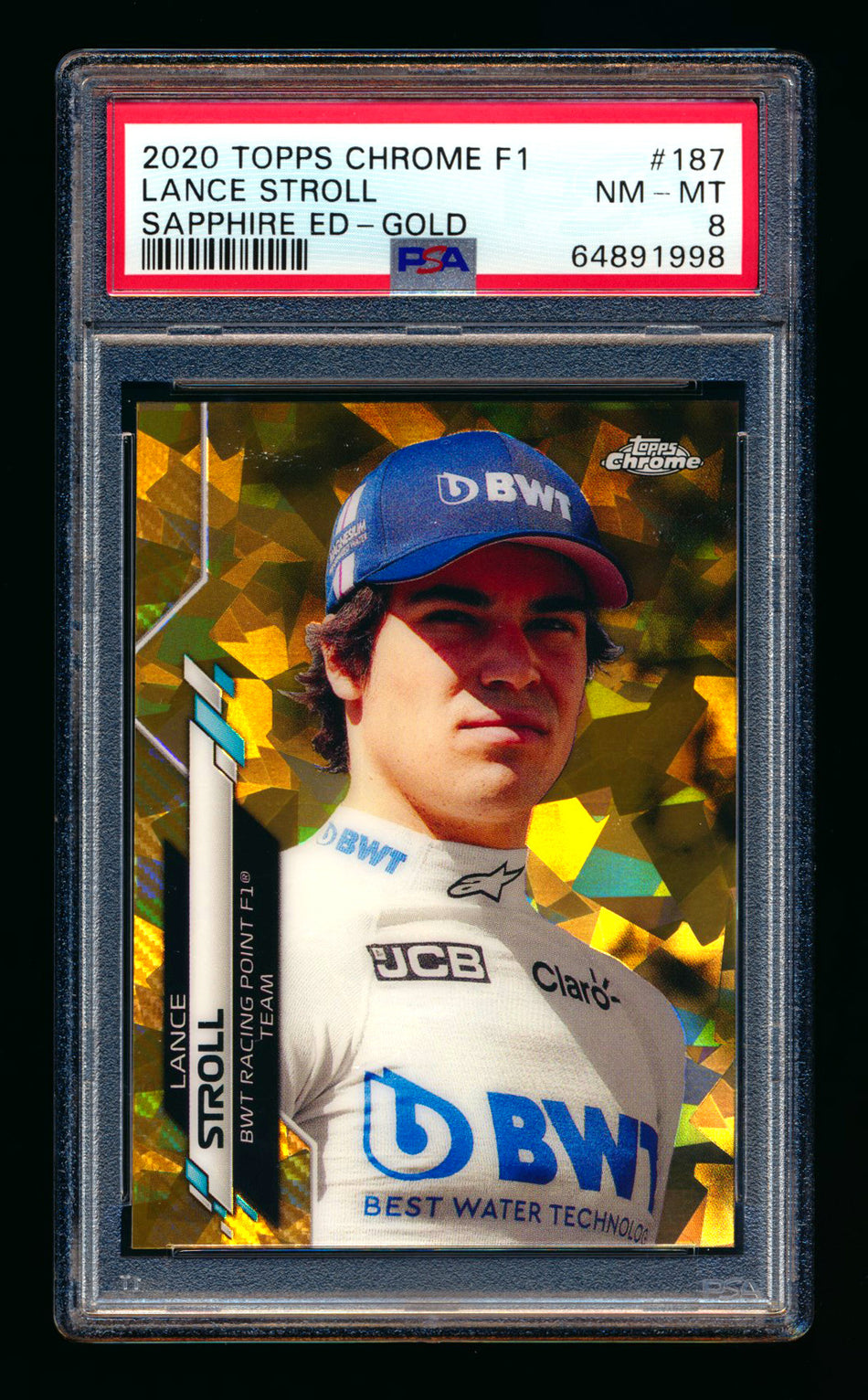 2020 Topps Chrome Sapphire F1 #187 Lance Stroll RC Gold Refractor #11/50 PSA 8