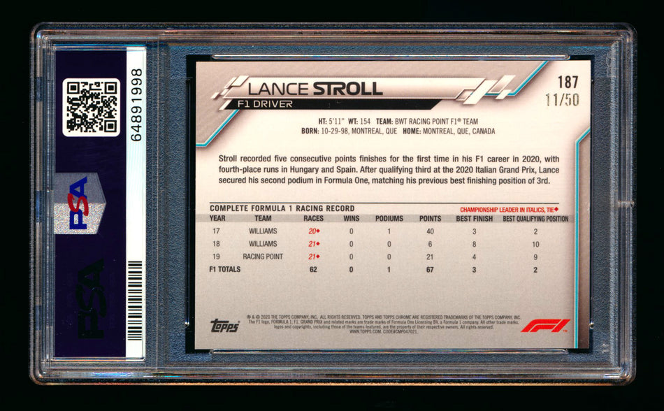 2020 Topps Chrome Sapphire F1 #187 Lance Stroll RC Gold Refractor #11/50 PSA 8