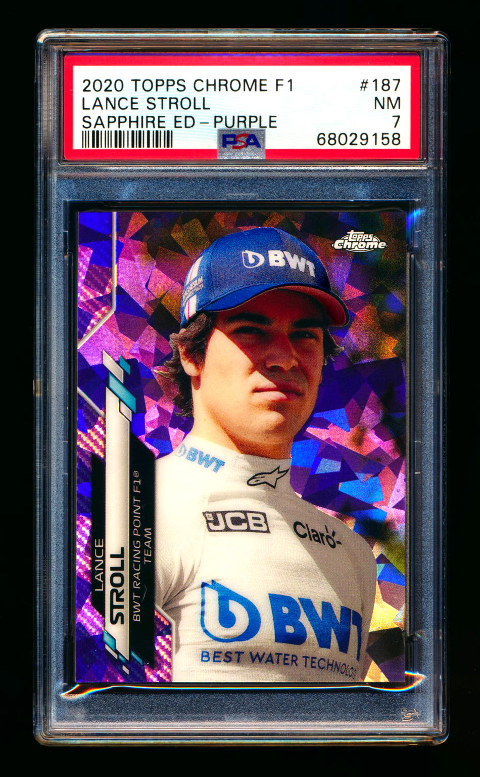 2020 Topps Chrome Sapphire F1 #187 Lance Stroll RC Purple Refractor #09/10 PSA 7