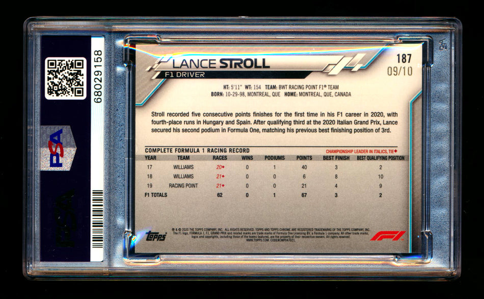 2020 Topps Chrome Sapphire F1 #187 Lance Stroll RC Purple Refractor #09/10 PSA 7