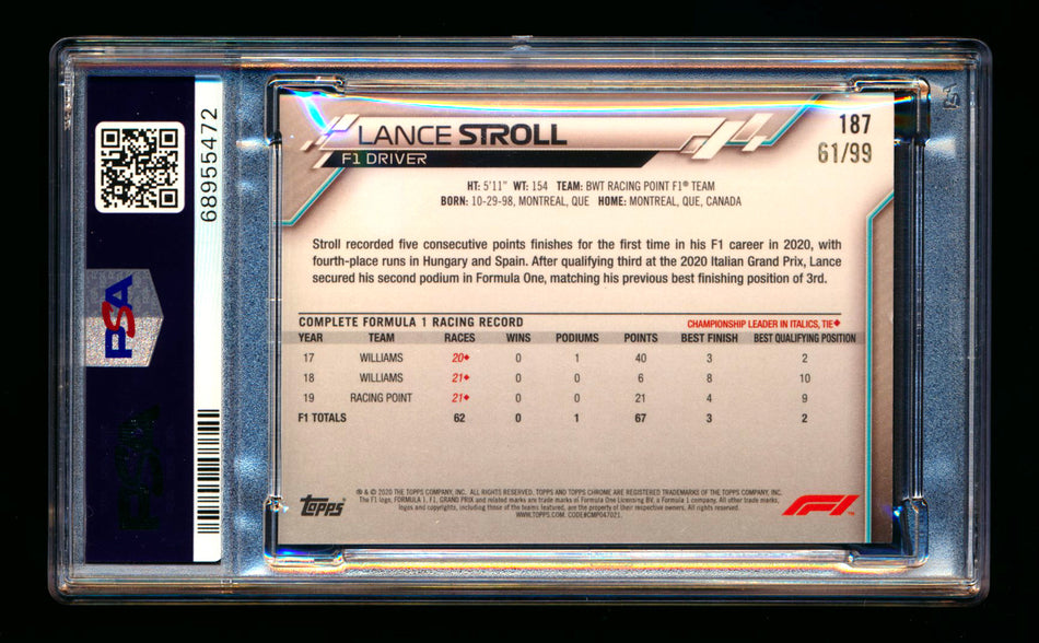 2020 Topps Chrome Sapphire F1 #187 Lance Stroll RC Aqua Refractor #61/99 PSA 9