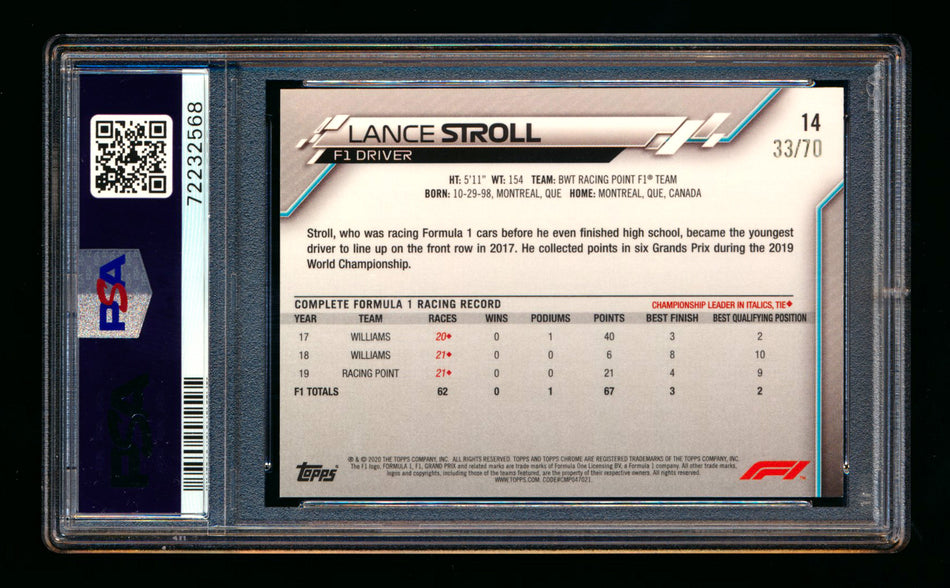 2020 Topps Chrome Sapphire F1 #14 Lance Stroll RC 70th Silver Refractor Portrait #33/70 PSA 10 ** (SOLD - $215.00 - 3/15/2025) **