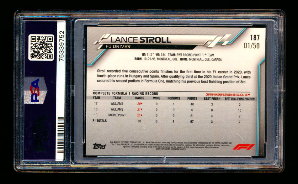 2020 Topps Chrome F1 #187 Lance Stroll RC Gold Refractor #01/50 PSA 8 (First #!)