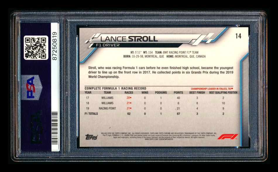 2020 Topps Chrome F1 #14 Lance Stroll RC 70th Anniversary Gold Refractor Portrait PSA 8