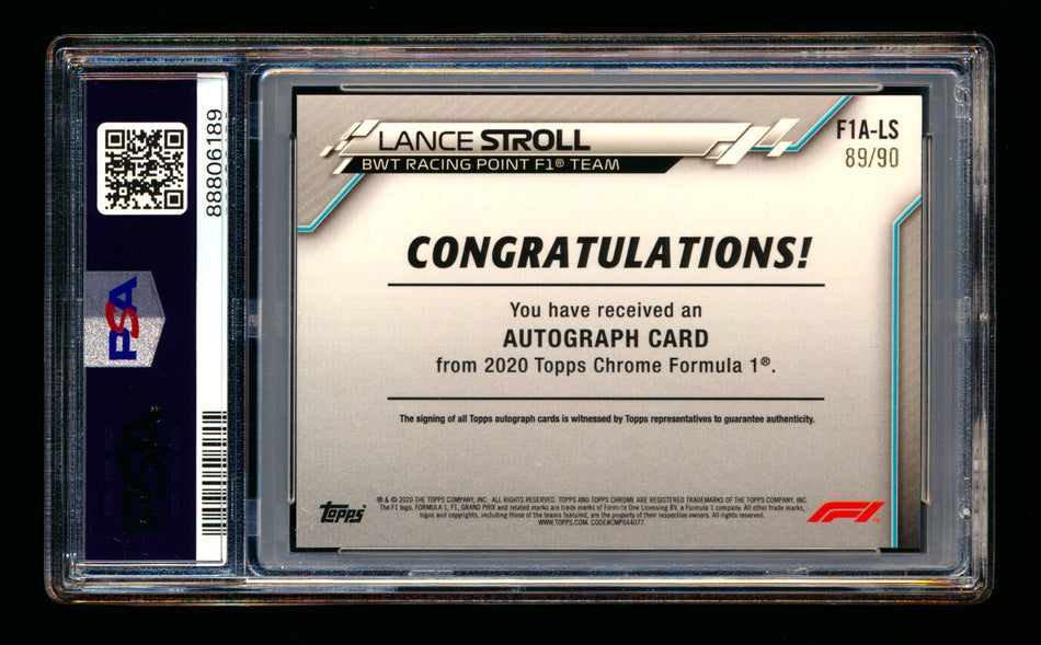 2020 Topps Chrome F1 #F1A-LS Lance Stroll RC Refractor Autograph #89/90 PSA 9