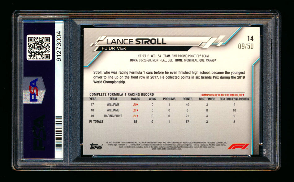 2020 Topps Chrome F1 #14 Lance Stroll RC Gold Refractor Portrait #09/50 PSA 7