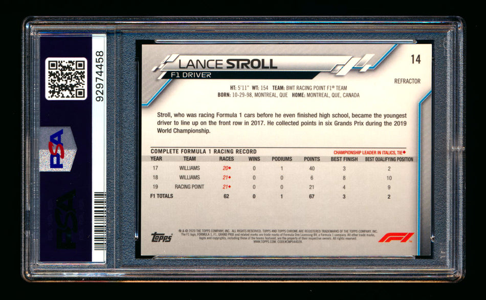 2020 Topps Chrome F1 #14 Lance Stroll RC Refractor Portrait PSA 10