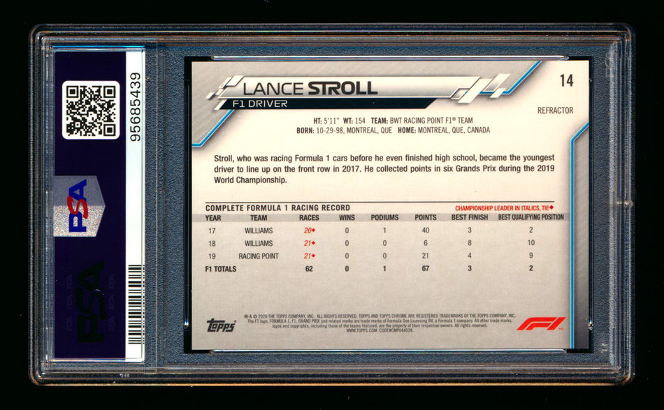 2020 Topps Chrome F1 #14 Lance Stroll RC Refractor Portrait PSA 10