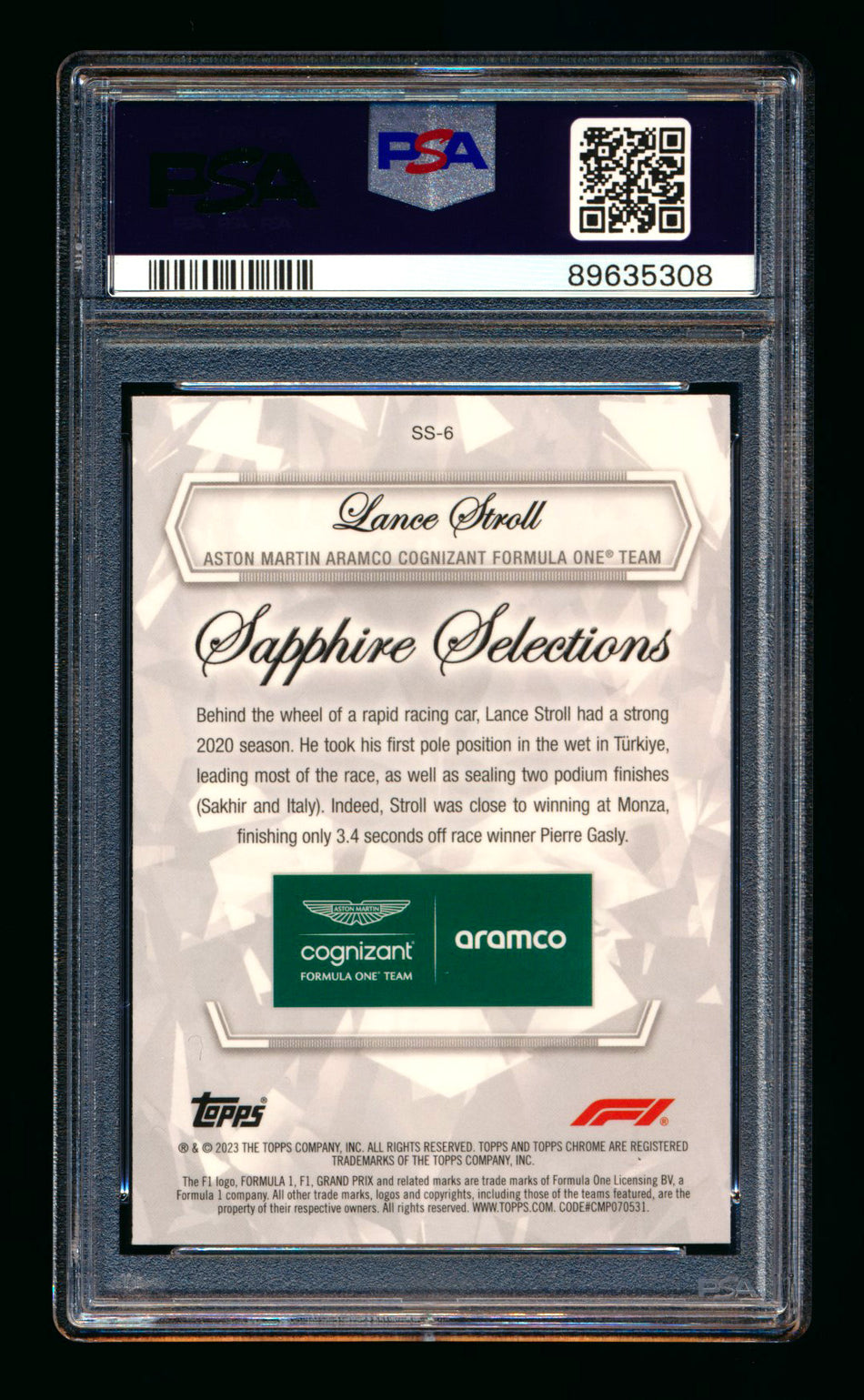 2023 Topps Chrome F1 Sapphire Selections #SS-6 Lance Stroll Refractor PSA 10 ** (SOLD - $59.00 - 1/19/2025) **