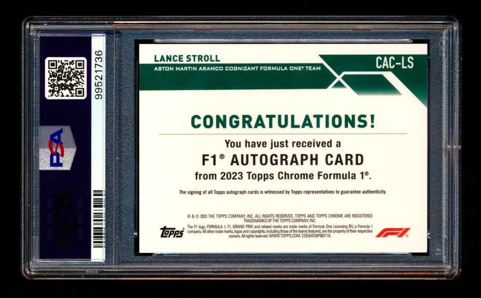 2023 Topps Chrome F1 #CAC-LS Lance Stroll Gold Wave Refractor Autograph #30/50 PSA 10 DNA 10 - POP 1!