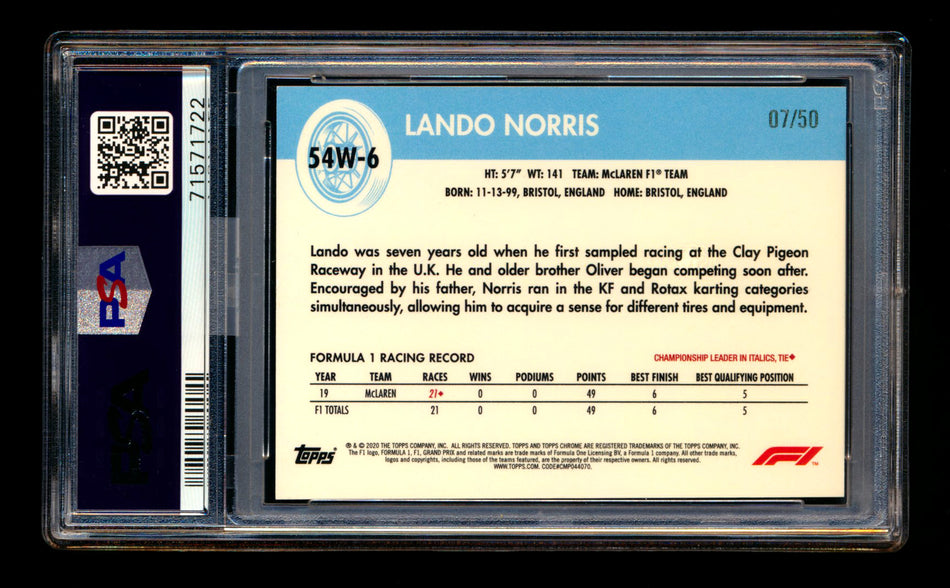 2020 Topps Chrome F1 1954 World on Wheels #54W-6 Lando Norris RC Gold Refractor #07/50 PSA 10 ** (SOLD - $1,250.00 - 11/15/2024) **