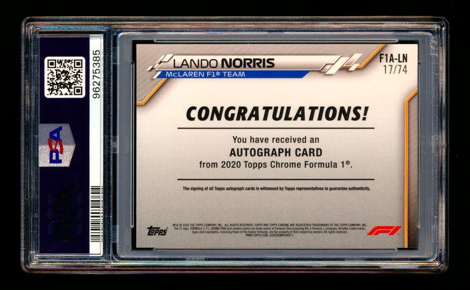 2020 Topps Chrome F1 #F1A-LN Lando Norris RC Refractor Autograph #17/74 PSA 8 ** (SOLD - $2,700.00 - 11/15/2024) **