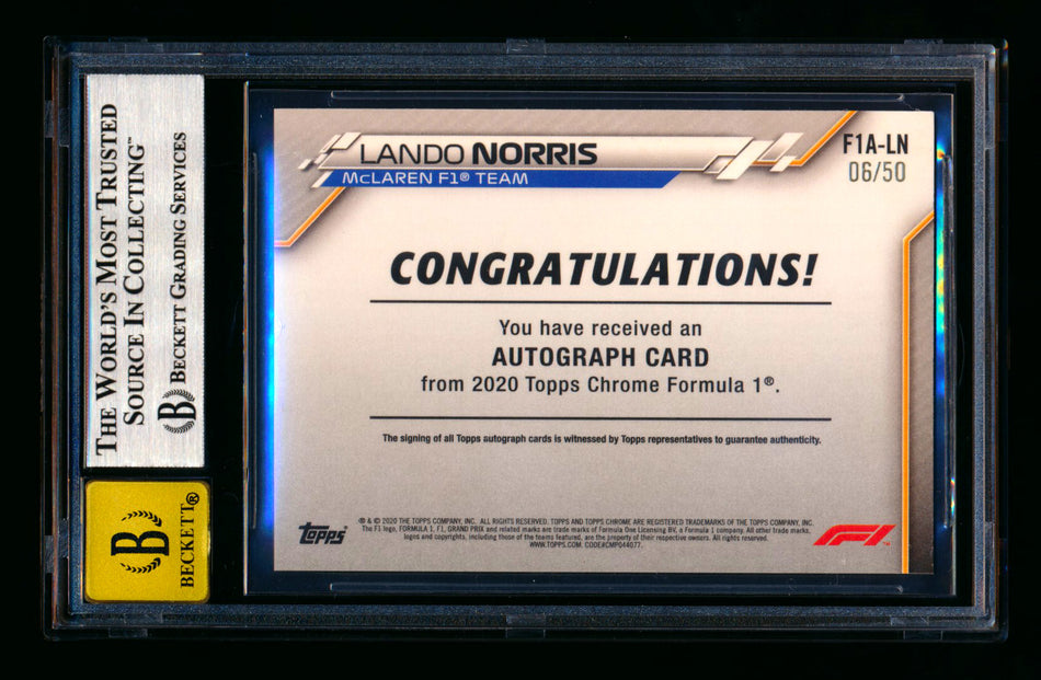 2020 Topps Chrome F1 #F1A-LN Lando Norris RC Gold Refractor Autograph #06/50 BGS Authentic Autograph 10 (Lando 4 Variation) ** (SOLD - $15,000.00 - 12/26/2025) **