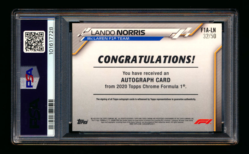 2020 Topps Chrome F1 #F1A-LN Lando Norris RC Gold Wave Refractor Autograph #32/50 PSA 8 ** (SOLD eBay - $4,795.00 - 12/7/2025) **