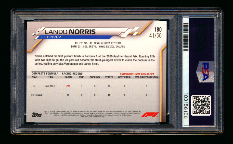 2020 Topps Chrome Sapphire F1 #180 Lando Norris RC Gold Refractor #41/50 PSA 7 ** (SOLD eBay - $119.00 - 7/19/2025) **