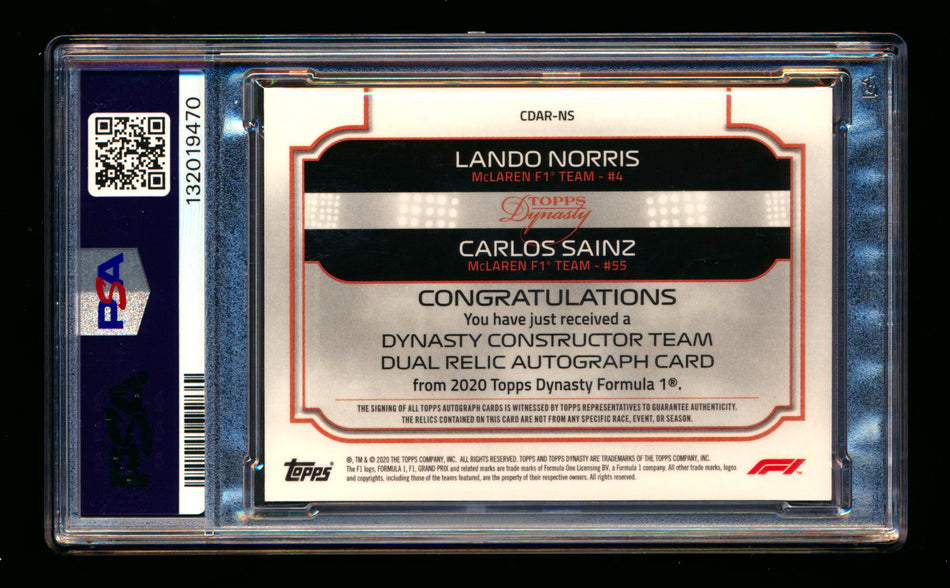 2020 Topps Dynasty F1 #CDAR-NS Lando Norris/Carlos Sainz RC ROOKIE Constructor Red Dual Patch Autograph #4/5 PSA 9 Mint (Lando Car Number #4!) ** (SOLD - $8,500.00 - 4/10/2026) **