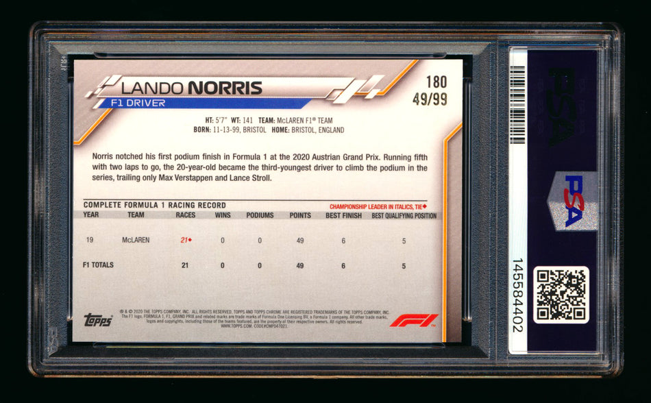 2020 Topps Chrome Sapphire F1 #180 Lando Norris RC Aqua Refractor #49/99 PSA 8