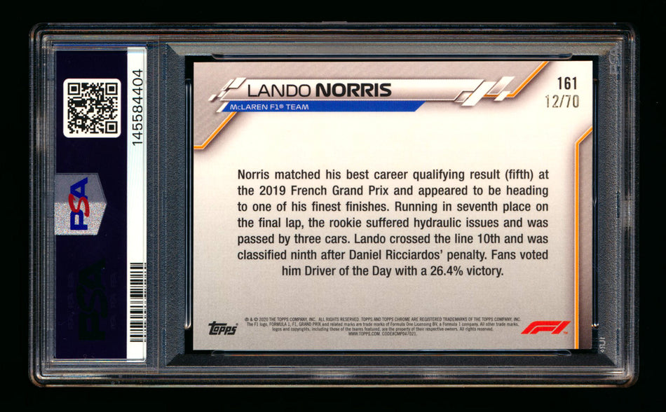 2020 Topps Chrome Sapphire F1 #161 Lando Norris RC 70th Silver Refractor #12/70 PSA 8