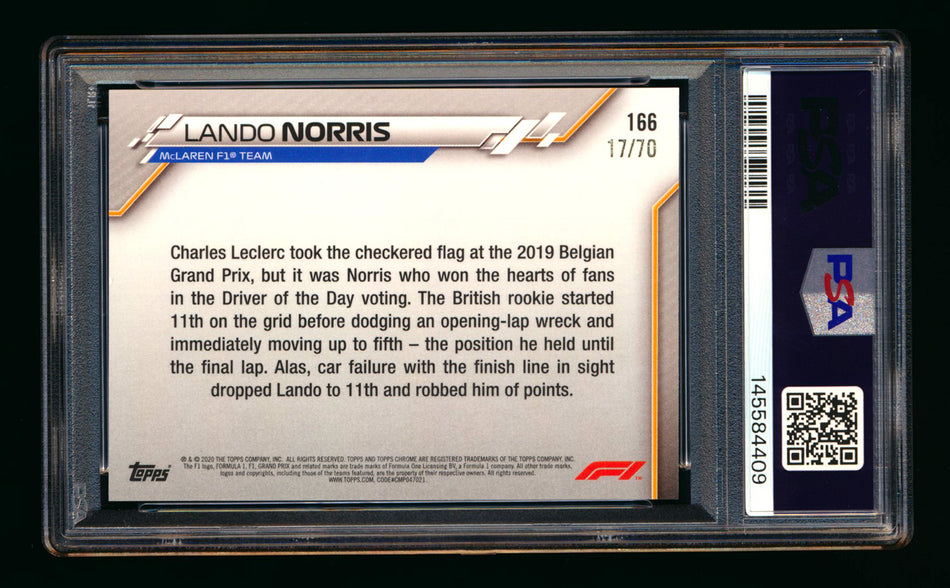 2020 Topps Chrome Sapphire F1 #166 Lando Norris RC 70th Silver Refractor #17/70 PSA 8