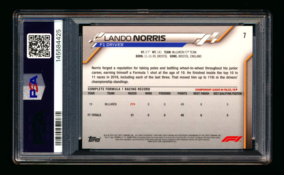 2020 Topps Chrome Sapphire F1 #7 Lando Norris RC Refractor Portrait PSA 10 ** (SOLD eBay - $195.00 - 4/22/2026) **