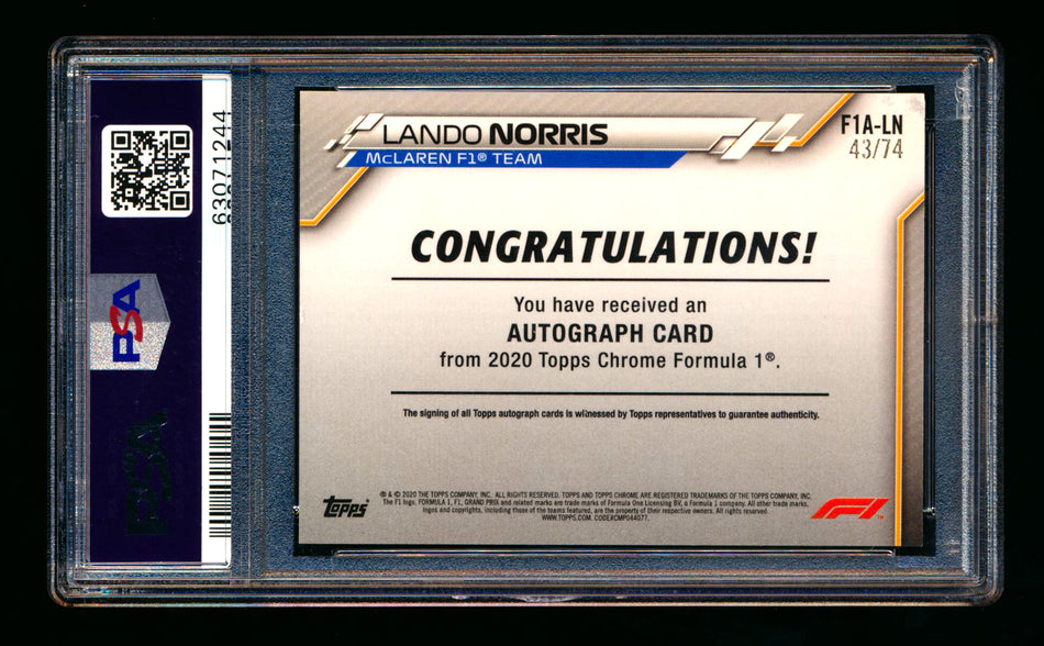 2020 Topps Chrome F1 #F1A-LN Lando Norris RC Refractor Autograph #43/74 PSA 8 DNA 10