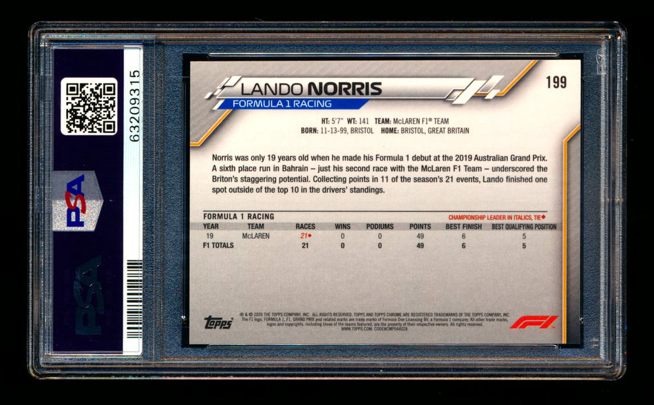 2020 Topps Chrome F1 #199 Lando Norris RC 70th Anniversary Gold Refractor PSA 9 ** (SOLD eBay - $150.00 - 8/27/2025) **