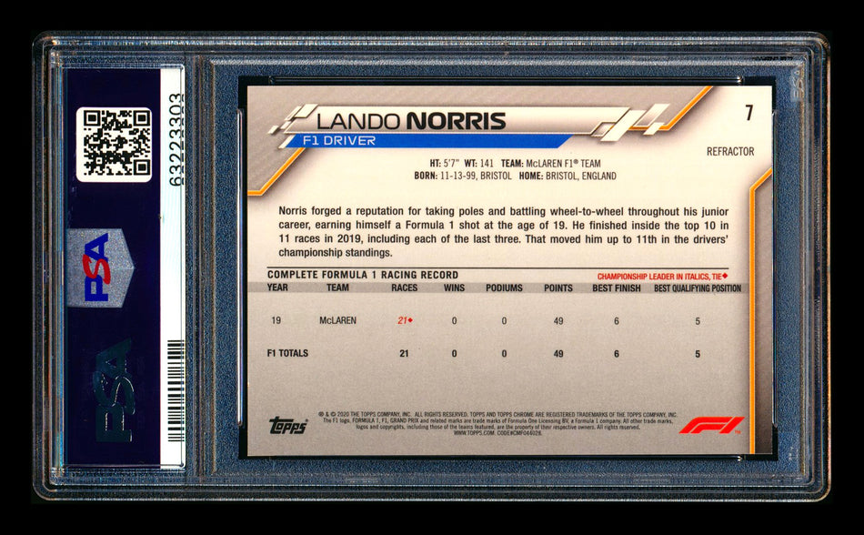 2020 Topps Chrome F1 #7 Lando Norris RC Refractor Portrait PSA 10 ** (SOLD - $320.00 - 10/2/2026) **