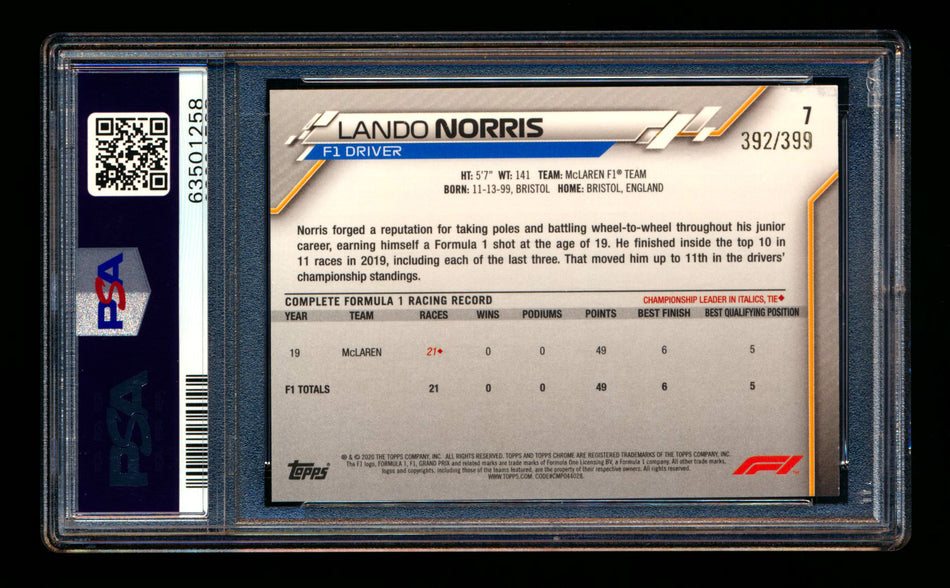 2020 Topps Chrome F1 #7 Lando Norris RC Purple Refractor Portrait #392/399 PSA 9