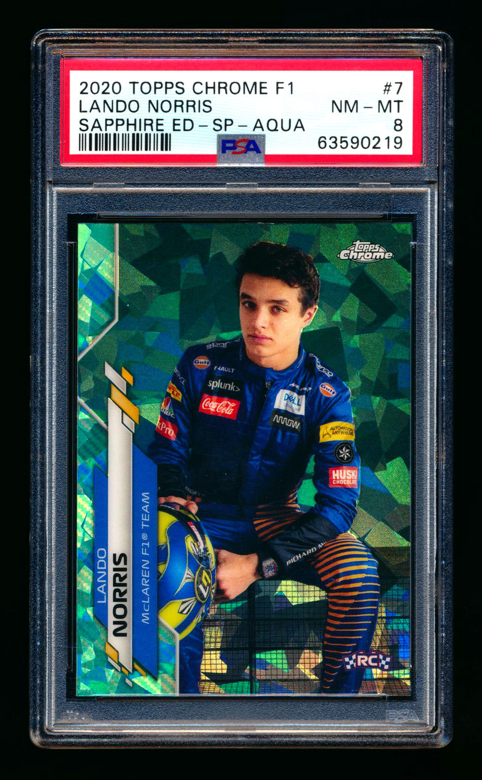 2020 Topps Chrome Sapphire F1 #7 Lando Norris RC Aqua Refractor Image Variation SP #85/99 PSA 8