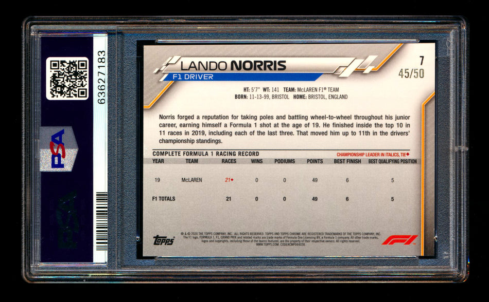 2020 Topps Chrome F1 #7 Lando Norris RC Gold Wave Refractor Portrait #45/50 PSA 8 ** (SOLD - $575.00 - 1/4/2025) **