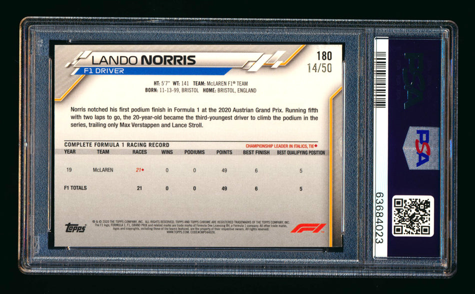 2020 Topps Chrome F1 #180 Lando Norris RC Gold Wave Refractor #14/50 PSA 6