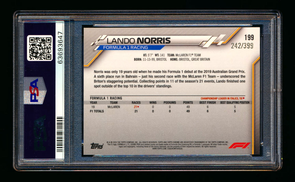 2020 Topps Chrome F1 #199 Lando Norris RC Purple Refractor #242/399 PSA 10 ** (SOLD - $260.00 - 1/11/2025) **