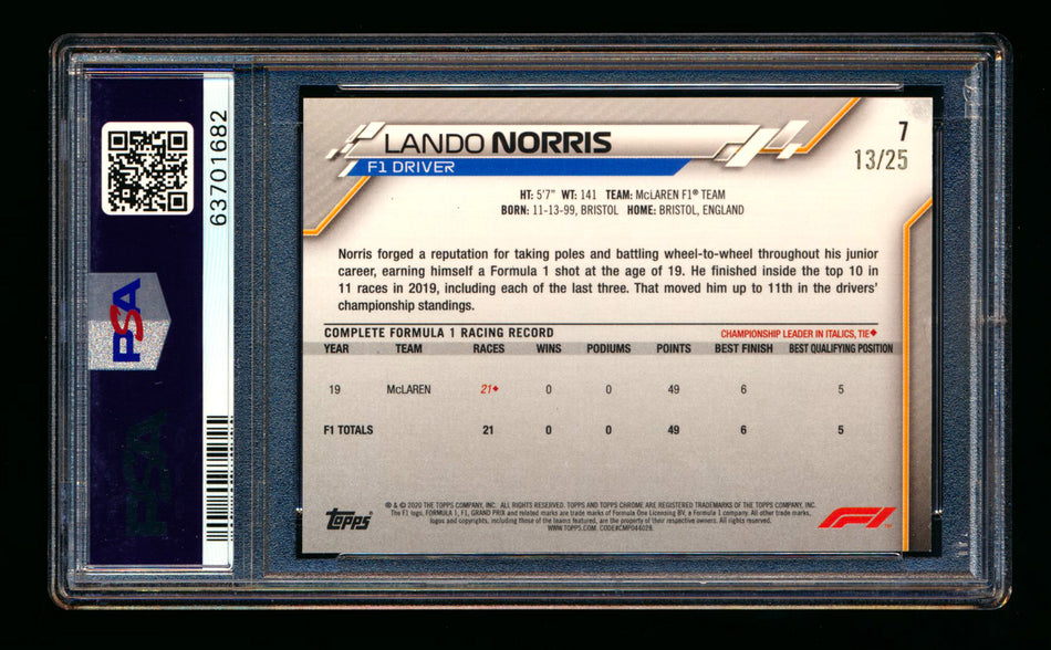 2020 Topps Chrome F1 #7 Lando Norris RC Orange Refractor Portrait #13/25 PSA 8