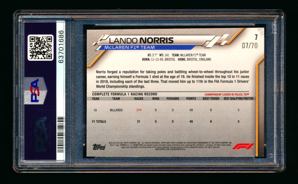 2020 Topps Chrome Sapphire F1 #7 Lando Norris RC 70th Silver Refractor Image Variation SP #07/70 PSA 9 ** (SOLD - $625.00 - 8/15/2025) **