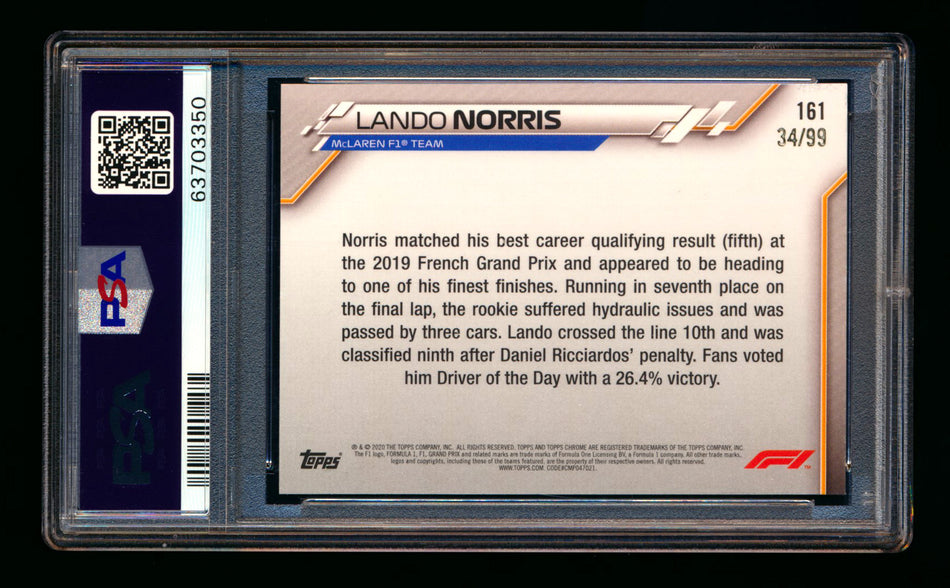 2020 Topps Chrome Sapphire F1 #161 Lando Norris RC Aqua Refractor #34/99 PSA 10 ** (SOLD - $149.00 - 12/20/2024) **