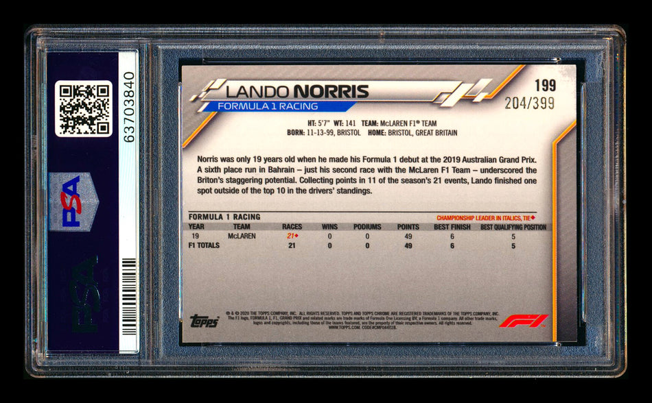 2020 Topps Chrome F1 #199 Lando Norris RC Purple Refractor Freshest #204/399 PSA 9